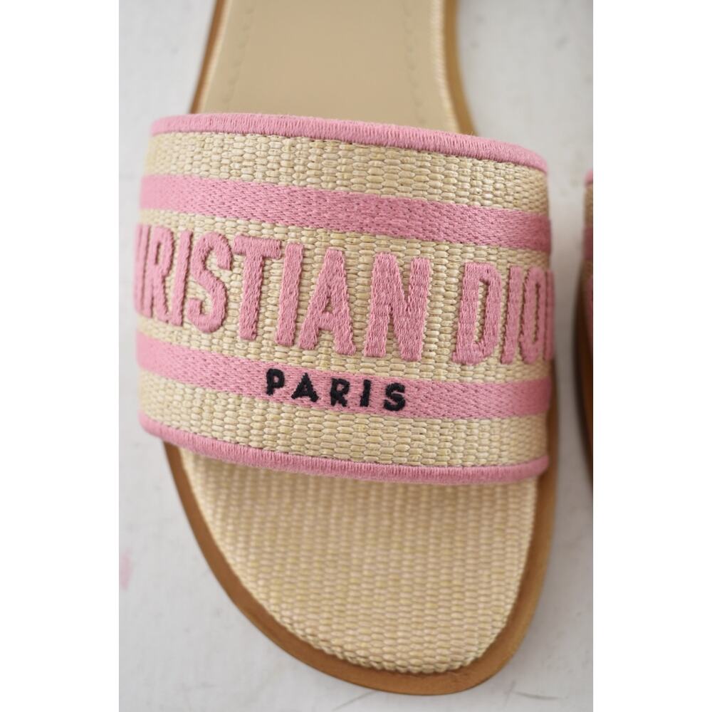 Christian Dior Dway Rose Begonia Pink Raffia Beige Logo Slide Flat Sandal 38.5 - Picture 8 of 13